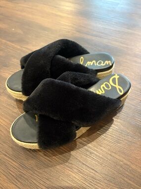 Sam Edelman Black Faux Fur Crisscross Espadrille Slide
